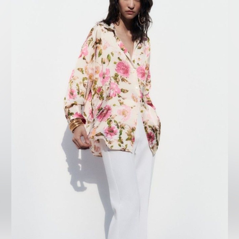 NWT ZARA SATIN FLORAL BUTTON DOWN SHIRT